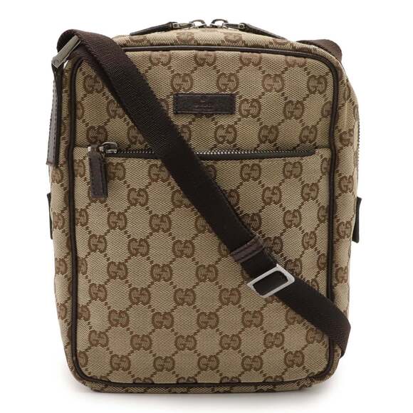 GUCCI GG Canvas Shoulder Bag Pochette Leather Khaki Beige Dark Brown 03136
